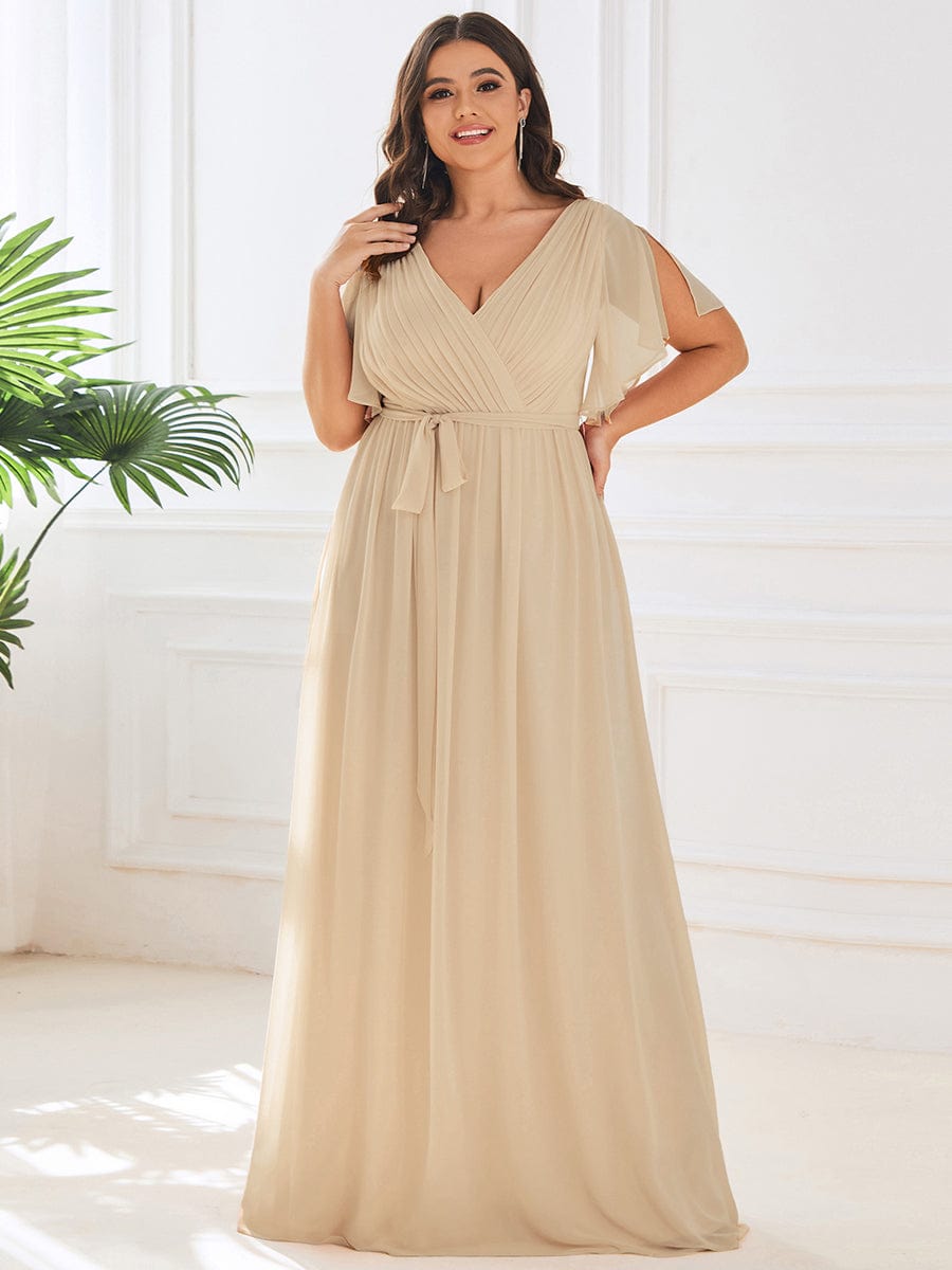 Plus Size Ruffle Pleated Chiffon Tie-Waist Evening Dress #color_Champagne