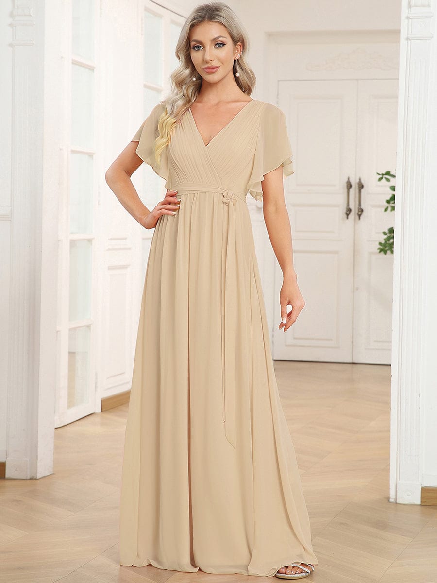 A-Line Pleated Chiffon Tie-Waist Evening Dress #color_Champagne