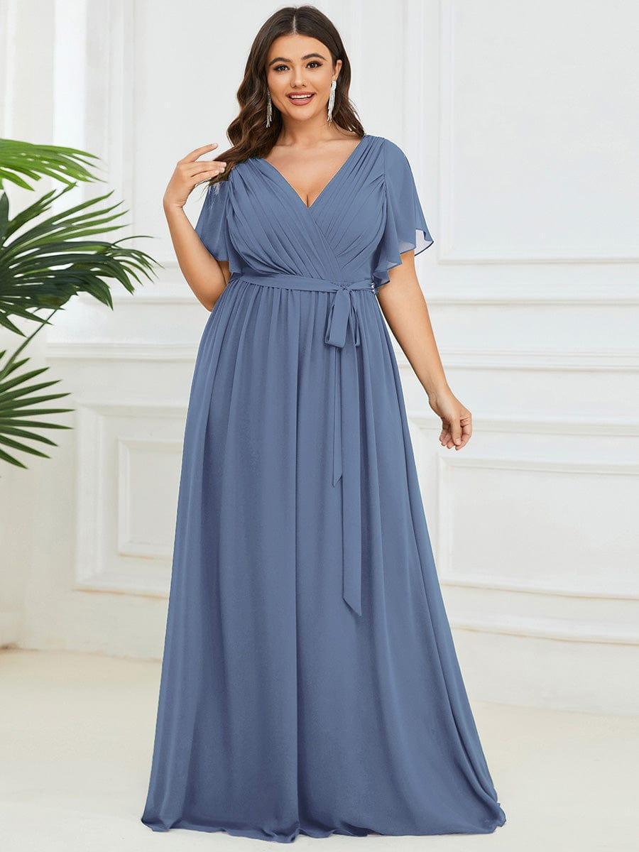 Plus Size Pleated Tie-Waist Chiffon Bridesmaid Dress #color_Dusty Blue