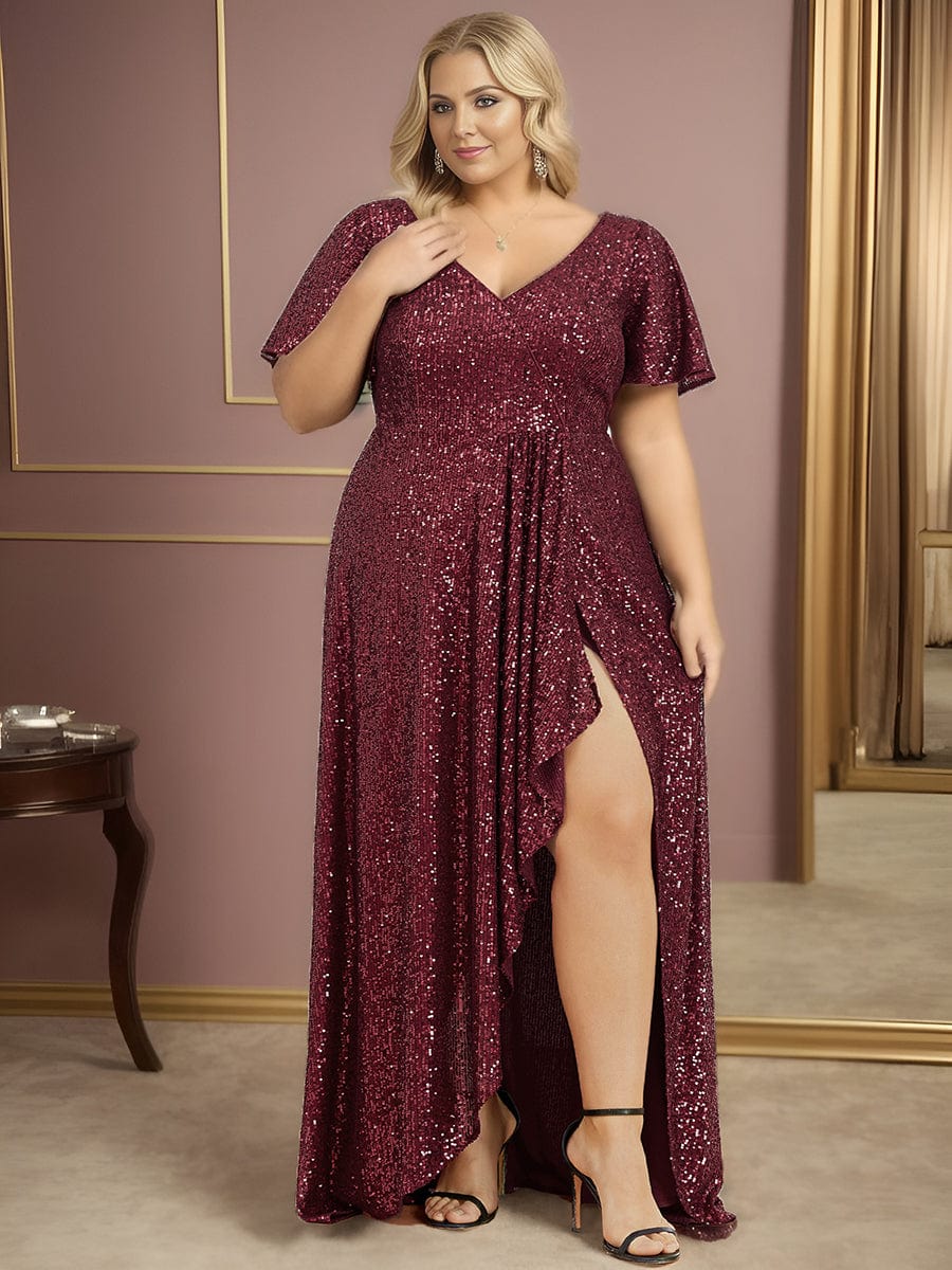 Plus Size Sequin Front Slit V-Neck Short Sleeve Evening Dress #Color_Burgundy Plus Size Sequin Front Slit V-Neck Short Sleeve Evening Dress