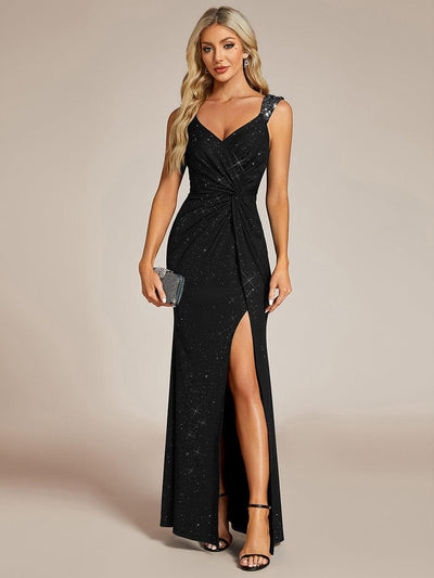 ever NOIRE|Glitter V-Neck High Slit Sequin Shoulder Strap Wedding Guest Dress