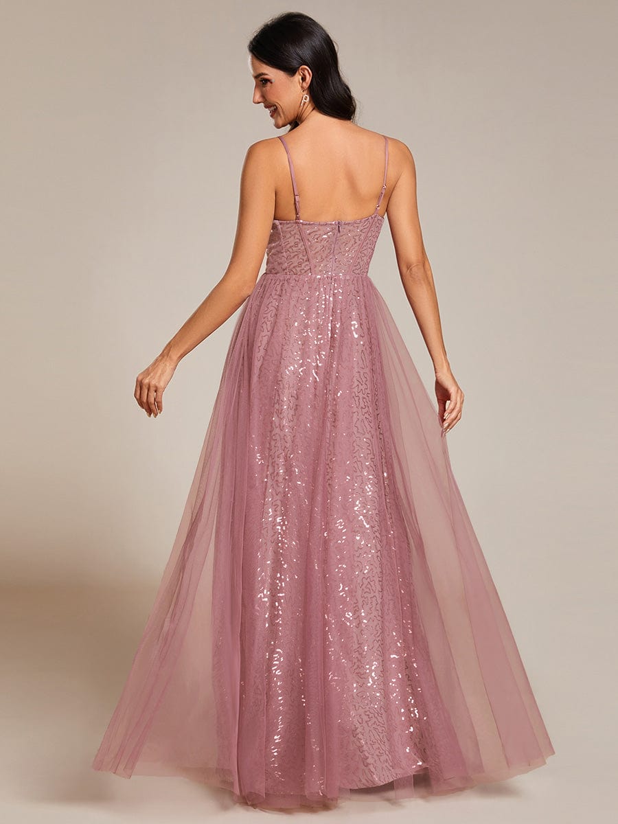 Spaghetti Straps Illusion Sleeveless A-Line Sequin Evening Dress with Tulle Cover #color_Purple Orchid