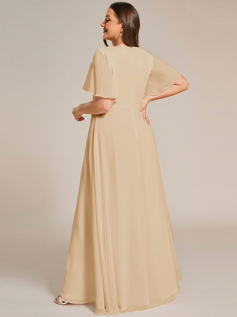Plus Size Floral Applique Short Sleeve A-Line Chiffon Evening Dress #color_Champagne
