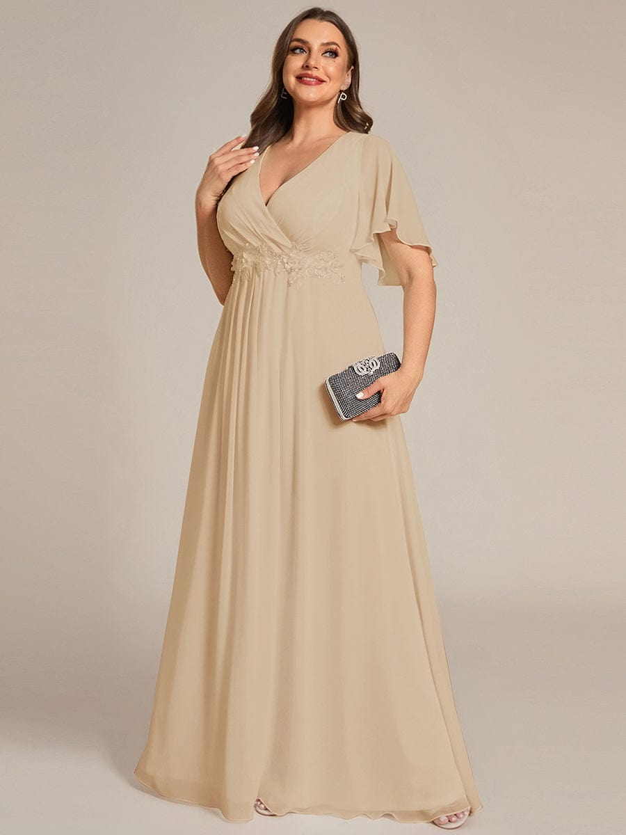 Plus Size Floral Applique Short Sleeve A-Line Chiffon Evening Dress #color_Champagne