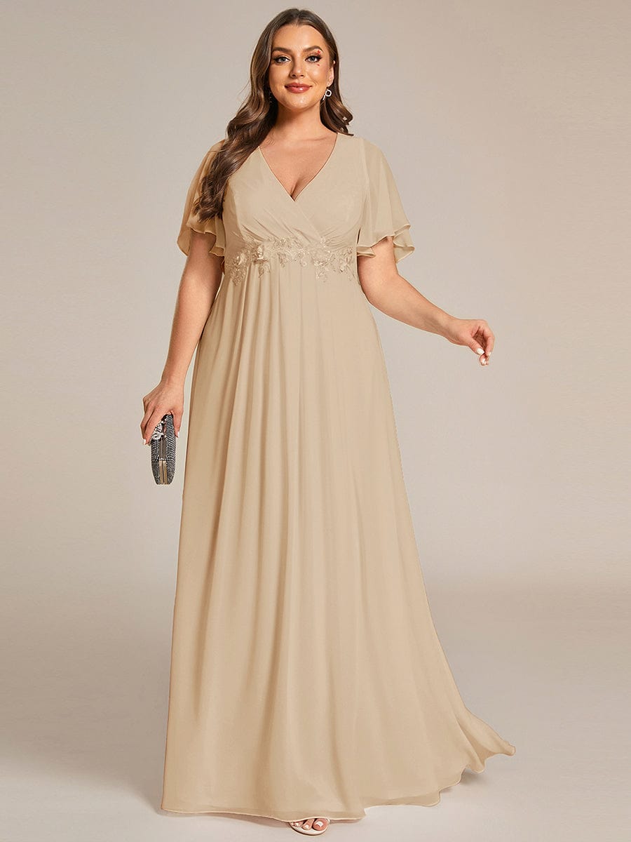 Plus Size Floral Applique Short Sleeve A-Line Chiffon Evening Dress #color_Champagne