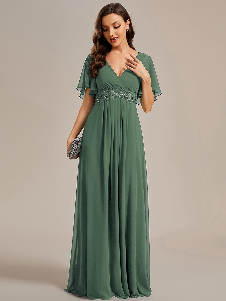 Ruffles Sleeve A-Line Chiffon Waist Applique Maxi Mother of the Bride Dress #color_Eucalyptus