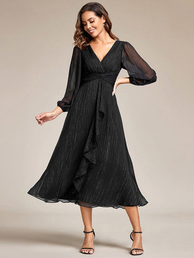 ever EMBER|Glitter Twist Knot See-Through Long Sleeve Wedding Guest Dress