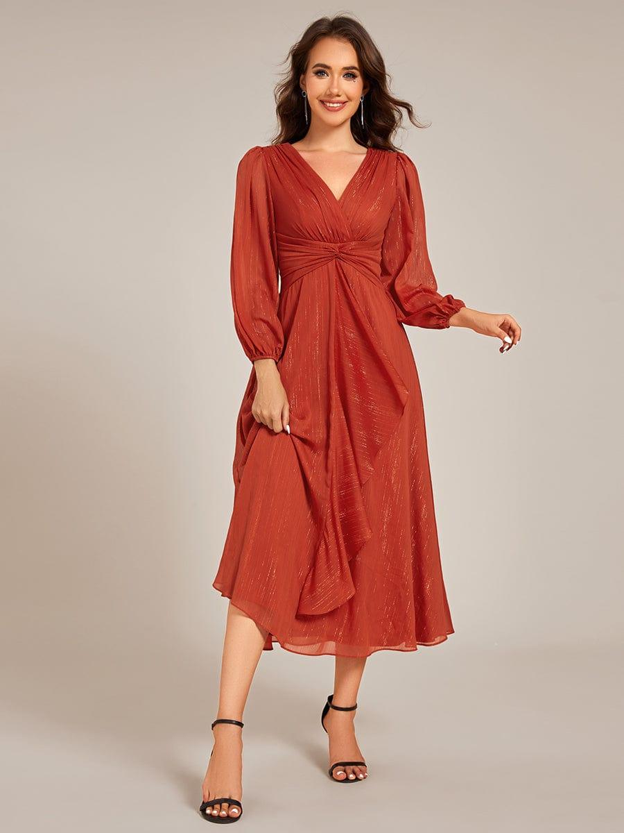 Long Sleeve A-Line Shimmering Evening Dress #color_Burnt Orange