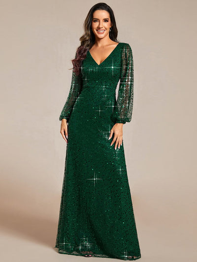ever RAYVEN|Shimmering All Over V-Neck Long Lantern Sleeve Sequin A-Line Evening Dress
