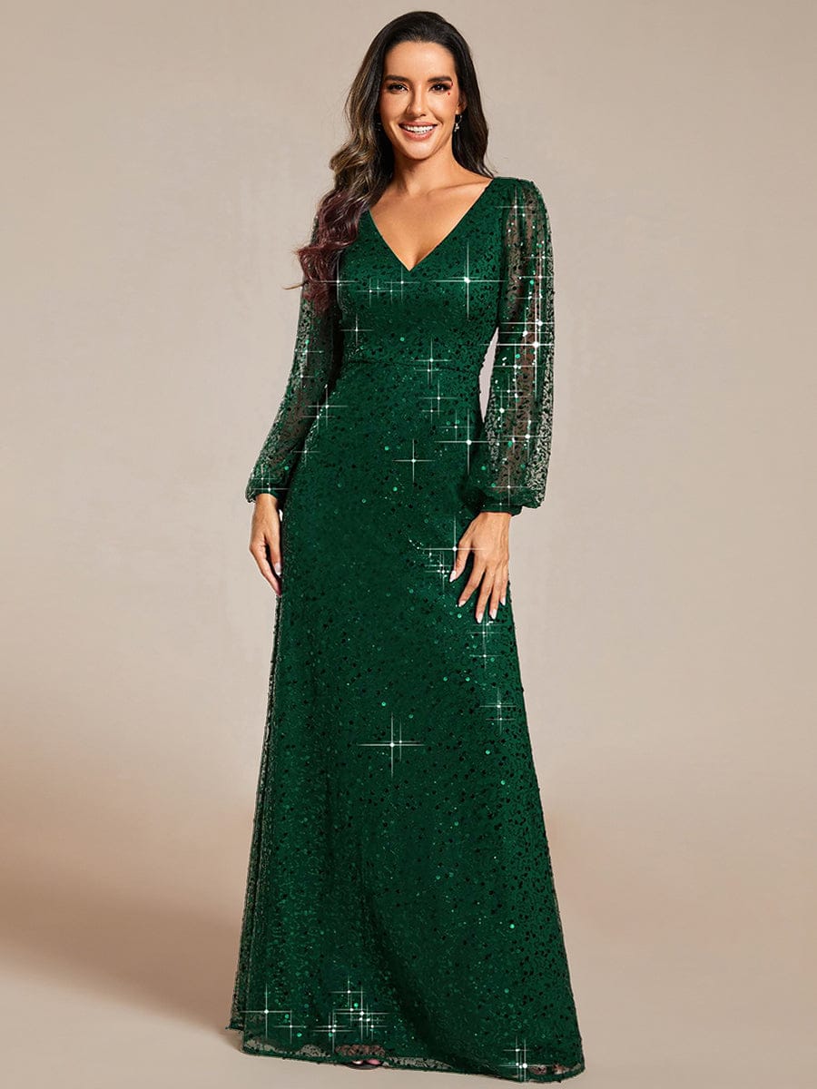 Shimmering All Over V-Neck Long Lantern Sleeve Sequin A-Line Evening Dress #color_Dark Green