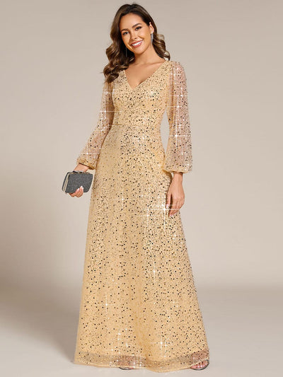 ever RAYVEN|Shimmering All Over V-Neck Long Lantern Sleeve Sequin A-Line Evening Dress