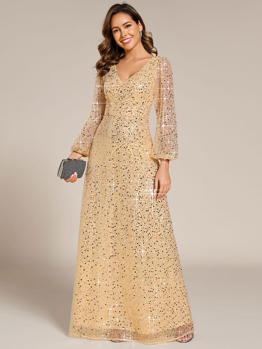 Shimmering All Over V-Neck Long Lantern Sleeve Sequin A-Line Evening Dress #color_Gold