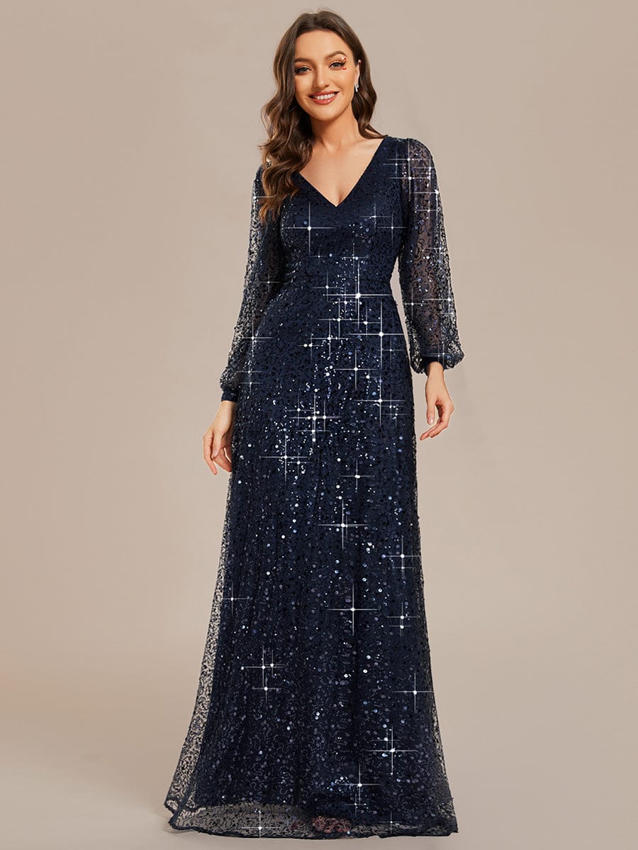 Shimmering All Over V-Neck Long Lantern Sleeve Sequin A-Line Evening Dress #color_Navy Blue
