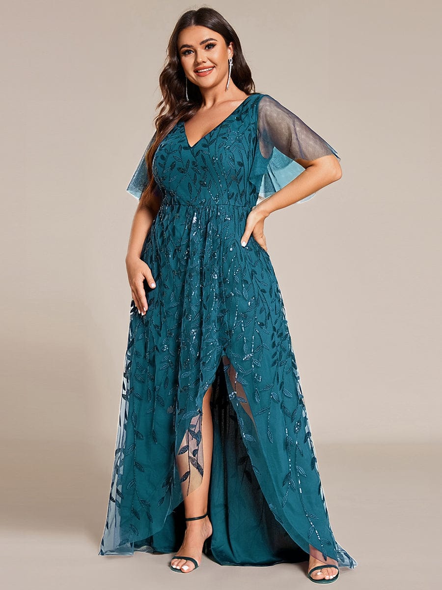 Plus Size Short Sleeves Sequin High Low V-Neck Midi Formal Evening Dress #color_Teal