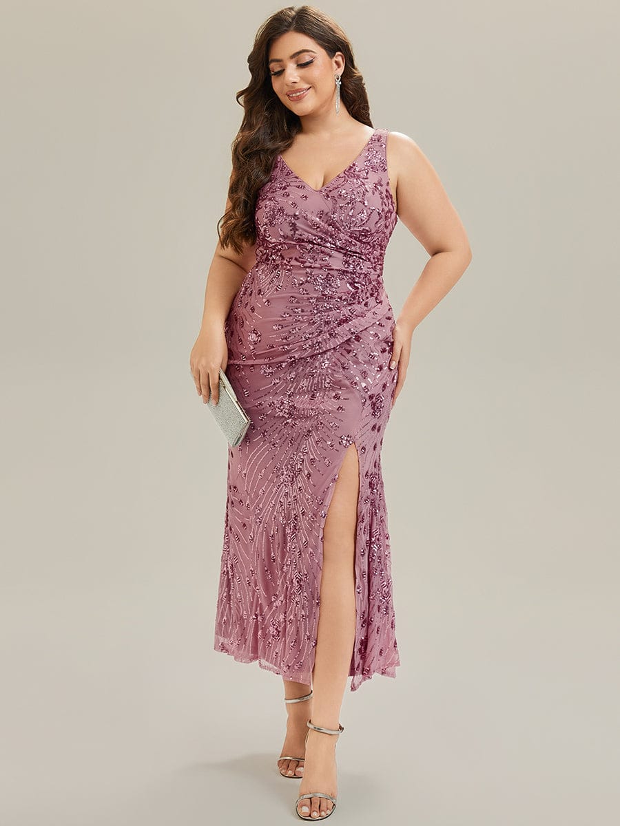 Plus Size Knotted Sequin Evening Dress #color_Purple Orchid