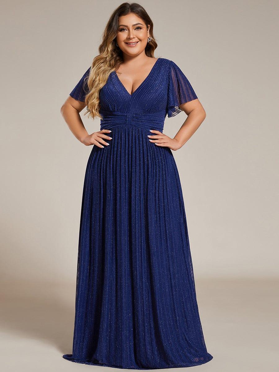 Plus Size V-Neck Glittery Short Sleeves Formal Evening Dress with Empire Waist #color_Navy Blue