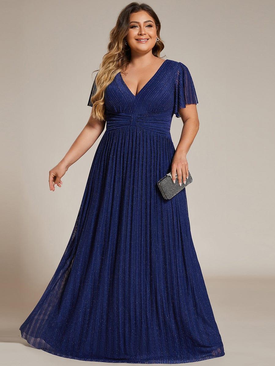 Plus Size V-Neck Glittery Short Sleeves Formal Evening Dress with Empire Waist #color_Navy Blue