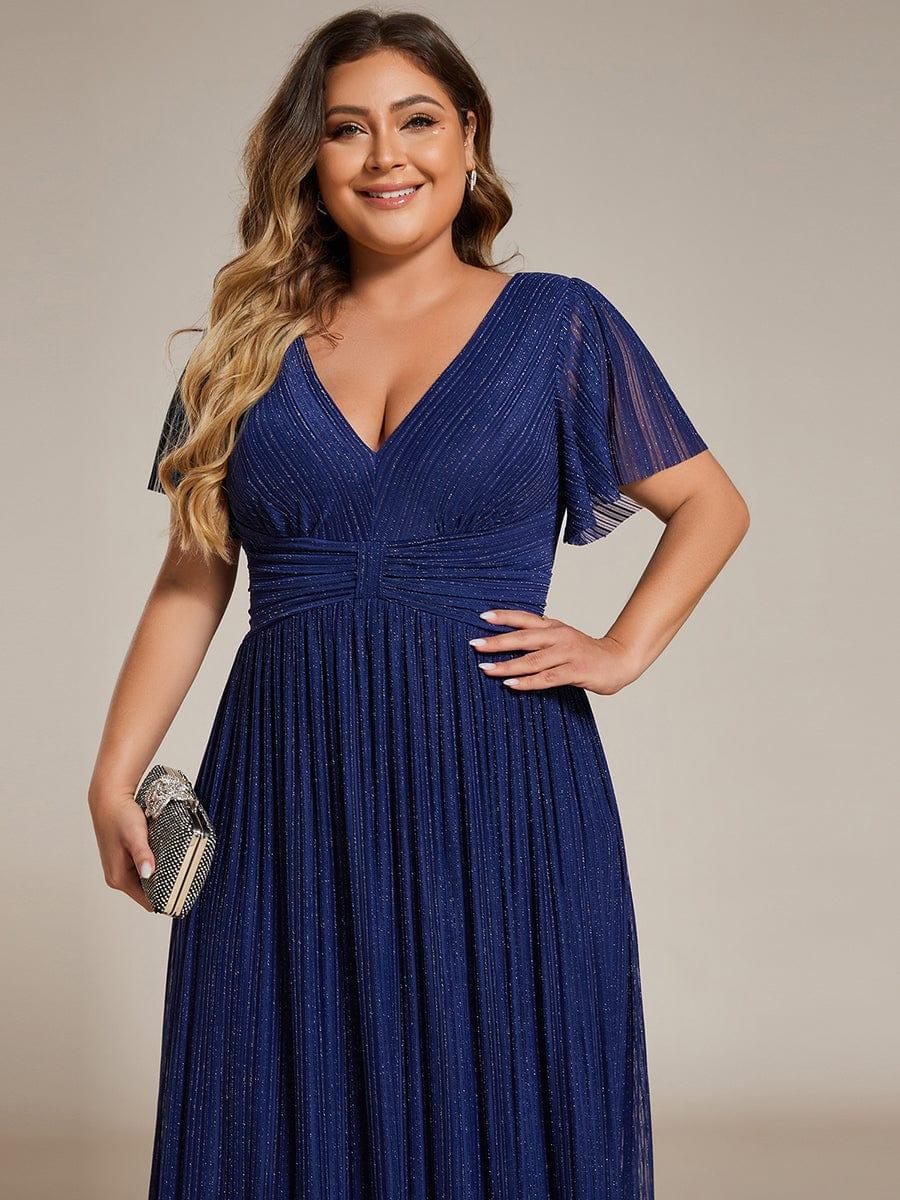 Plus Size V-Neck Glittery Short Sleeves Formal Evening Dress with Empire Waist #color_Navy Blue