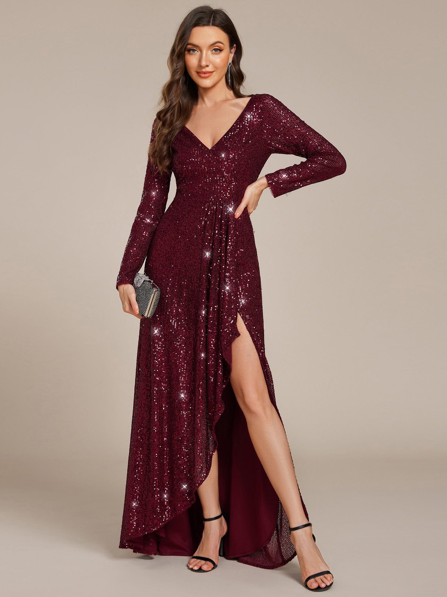 Sequin Long Sleeve V-neck Asymmetrical Hem Evening Dress #color_Burgundy