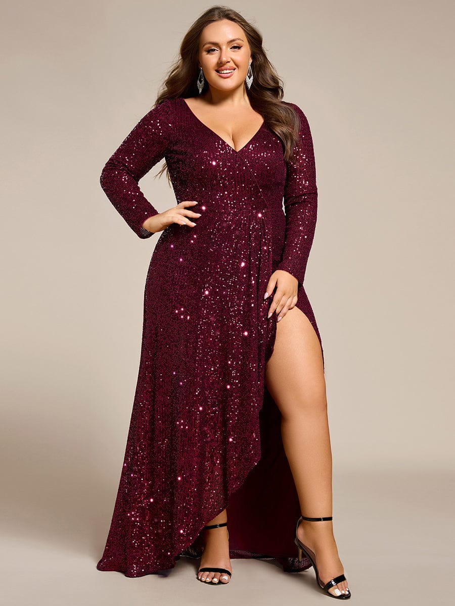 Sequin Long Sleeve V-neck Asymmetrical Hem Evening Dress #color_Burgundy