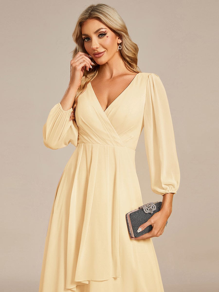 See-Through Long Sleeves V-Neck A-Line Chiffon Wedding Guest Dress #color_Yellow