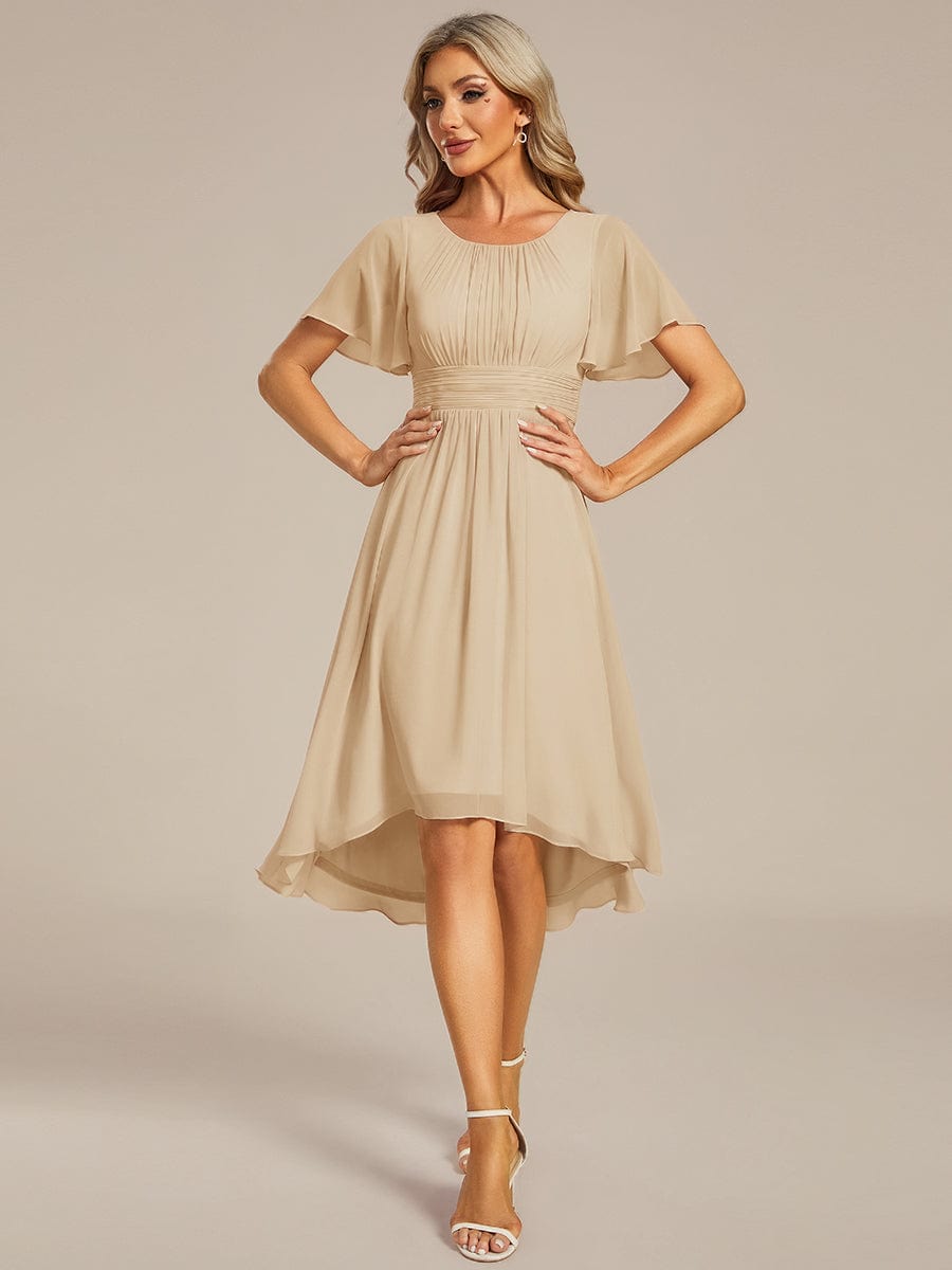 Flowy Chiffon Round Neckline A-Line Knee Length Bridesmaid Dress #color_Champagne