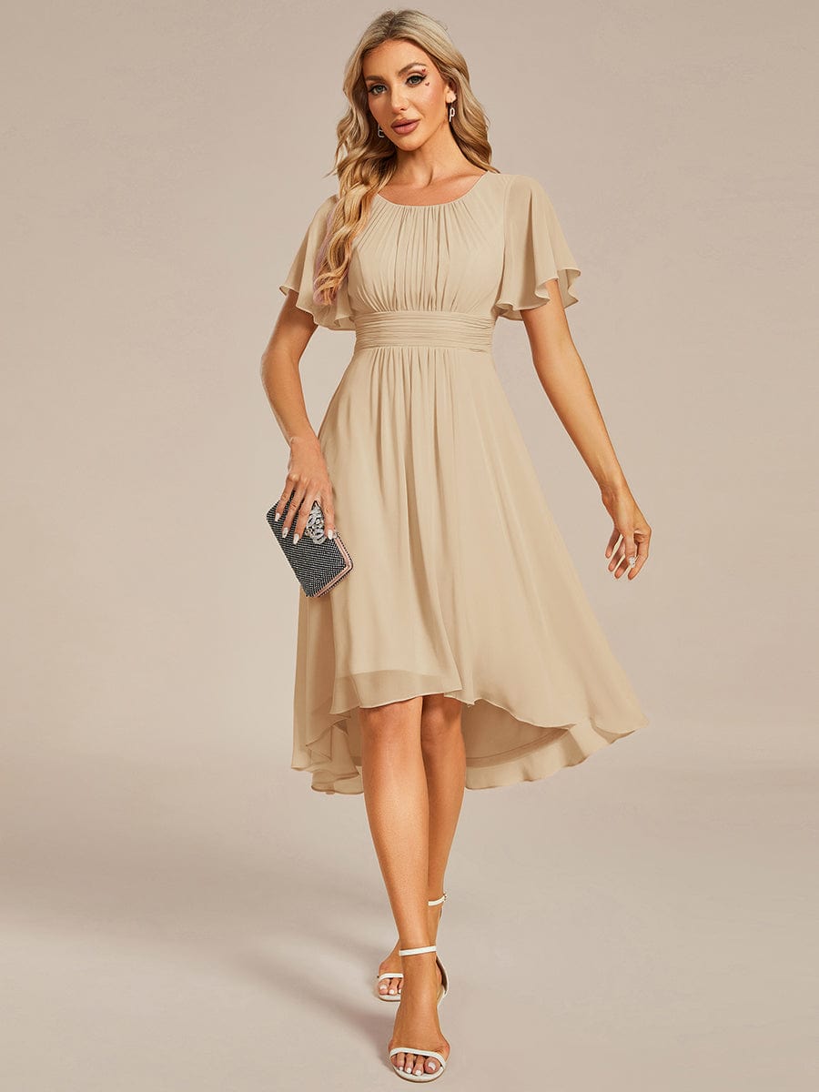 Flowy Chiffon Round Neckline A-Line Knee Length Bridesmaid Dress #color_Champagne