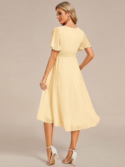 Flowy Chiffon Round Neckline A-Line Knee Length Wedding Guest Dress #color_Yellow