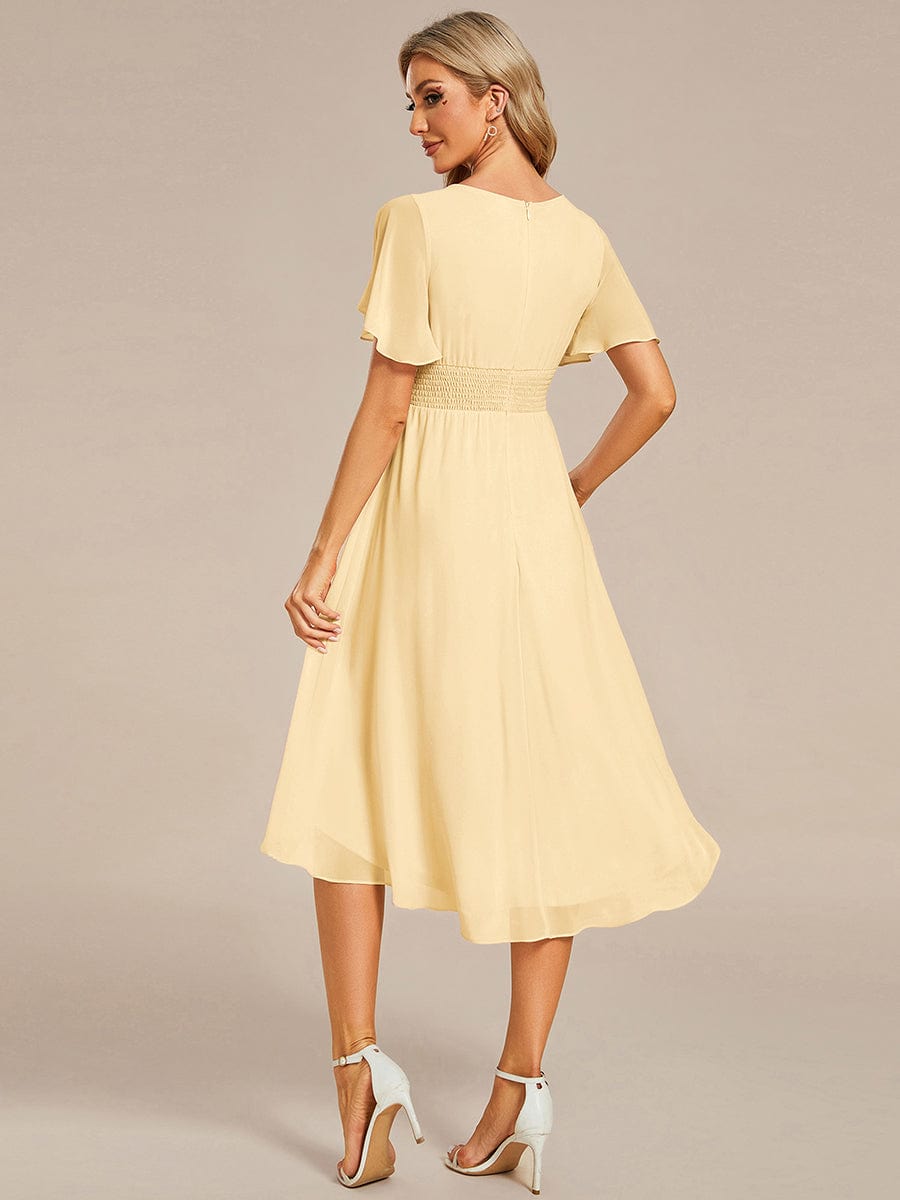 Flowy Chiffon Round Neckline A-Line Knee Length Wedding Guest Dress #color_Yellow