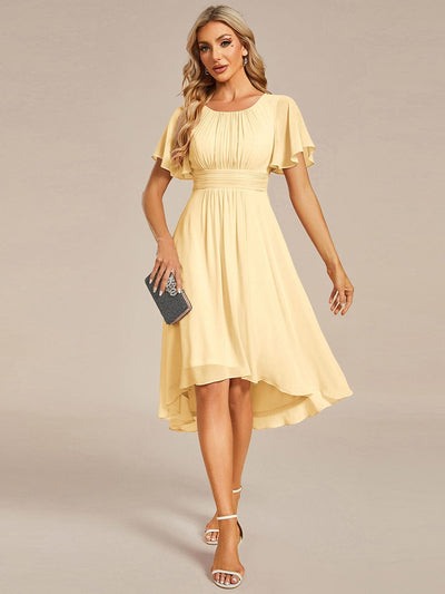 Flowy Chiffon Round Neckline A-Line Knee Length Wedding Guest Dress #color_Yellow