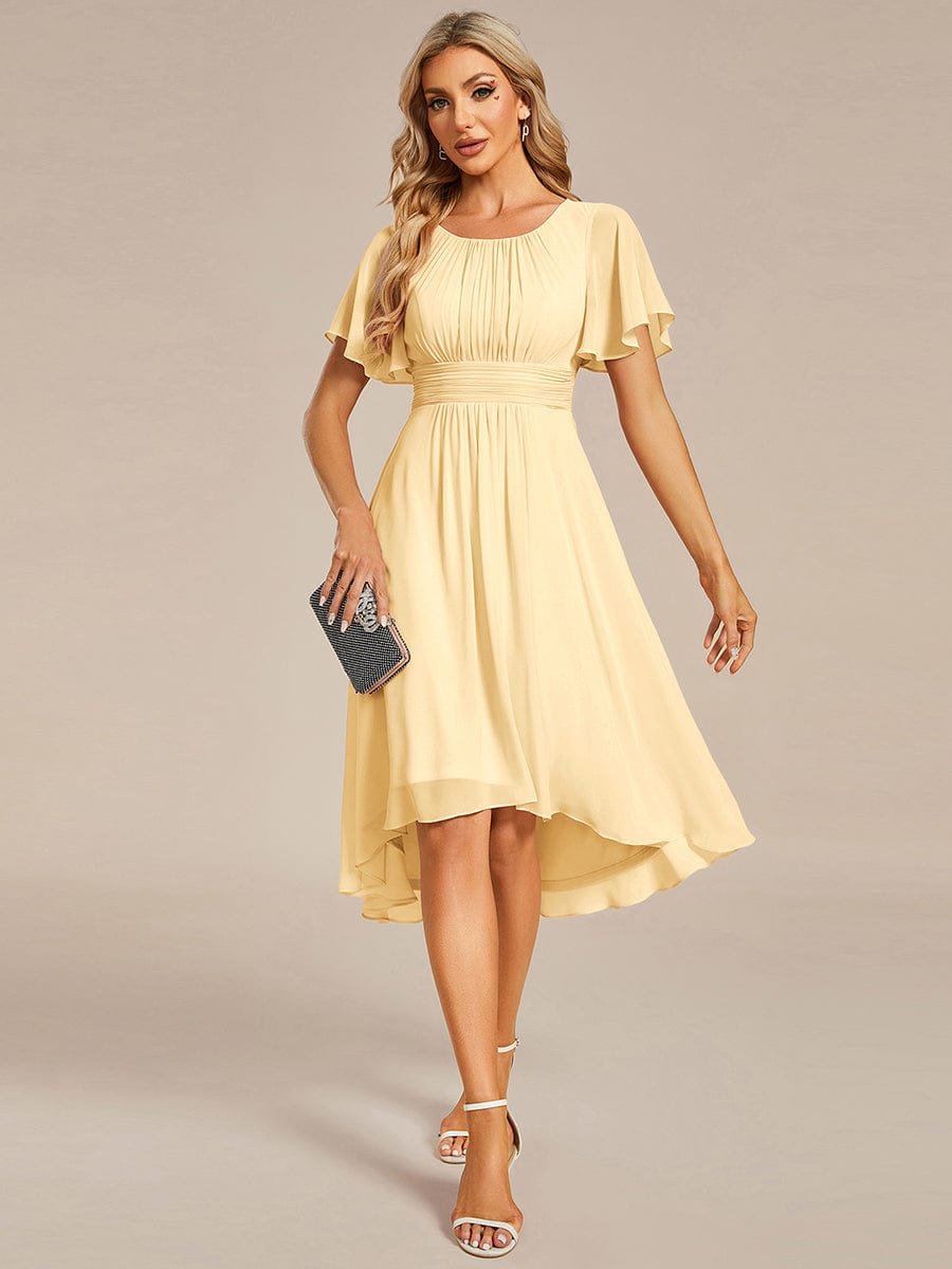 Flowy Chiffon Round Neckline A-Line Knee Length Wedding Guest Dress #color_Yellow