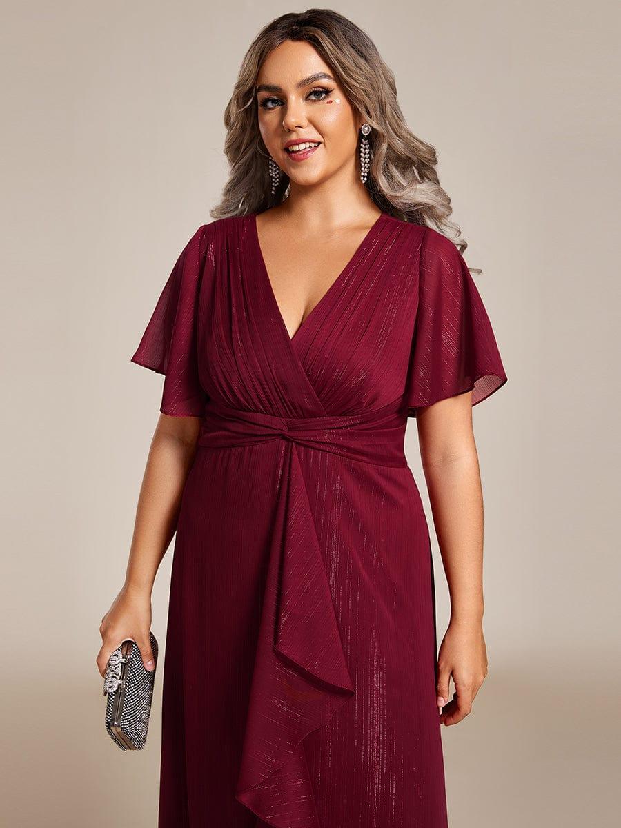 Plus Size Silver Metallic Fabric V-Neck A-Line Dress featuring Delicate Ruffled Hem #color_Burgundy
