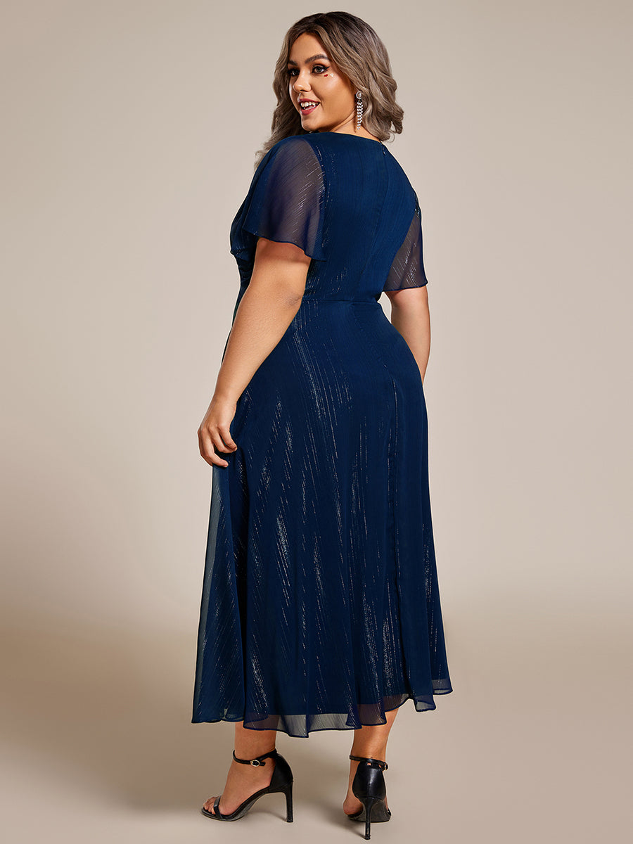 Silver Metallic Fabric V-Neck A-Line Dress featuring Delicate Ruffled Hem #color_Navy Blue