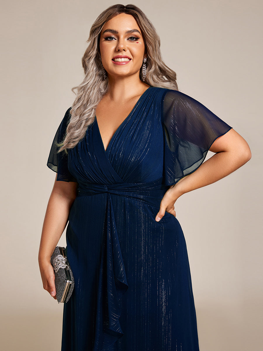 Silver Metallic Fabric V-Neck A-Line Dress featuring Delicate Ruffled Hem #color_Navy Blue