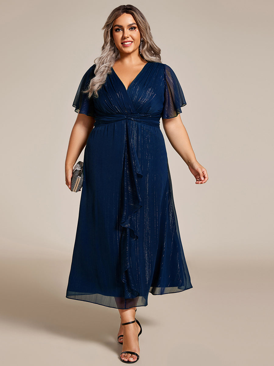 Silver Metallic Fabric V-Neck A-Line Dress featuring Delicate Ruffled Hem #color_Navy Blue