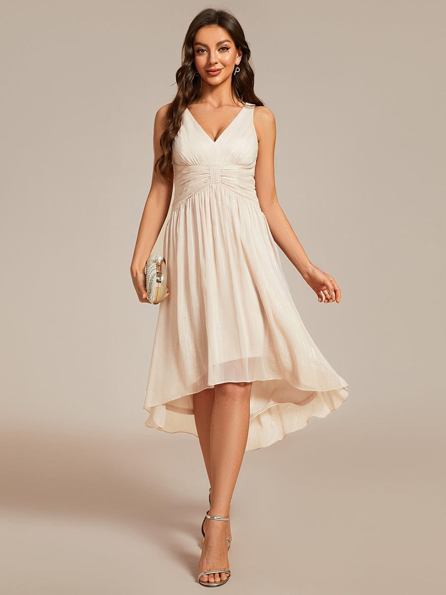V-Neck High-Low Glitter Sleeveless Wedding Guest Dress with Pleated #color_Champagne