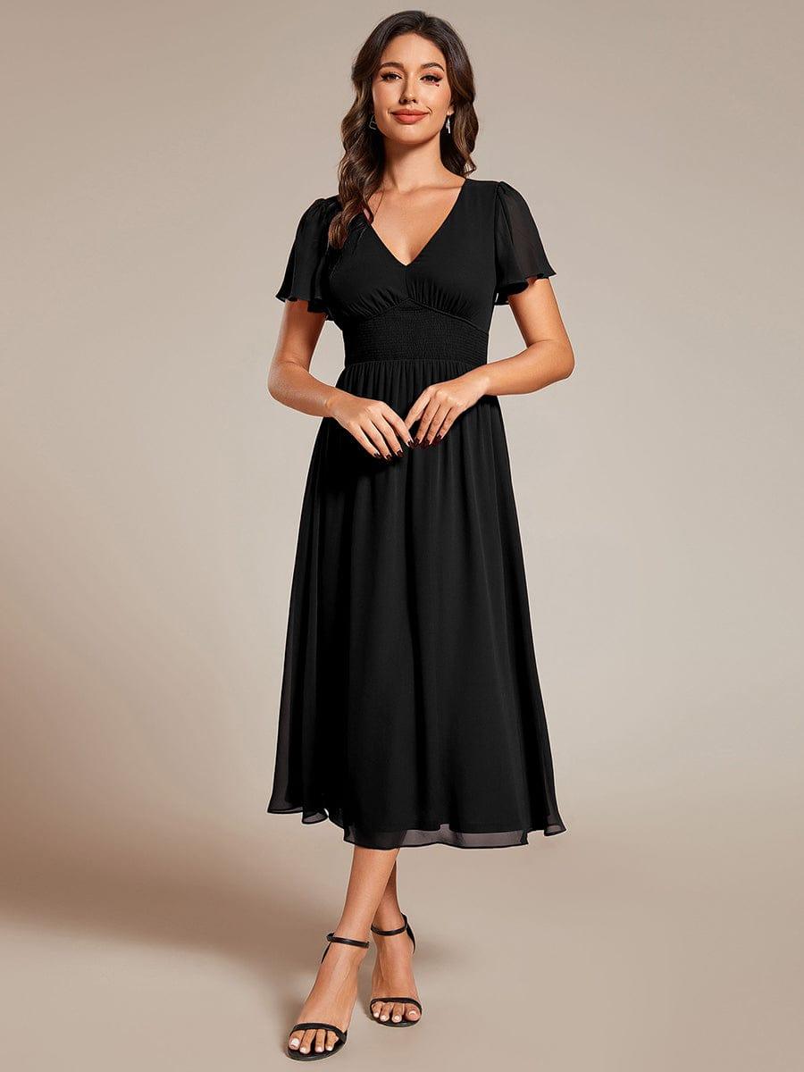 Elegant V-Neck Ruffle Sleeves Empire Waist Wedding Guest Dress in Chiffon #color_Black