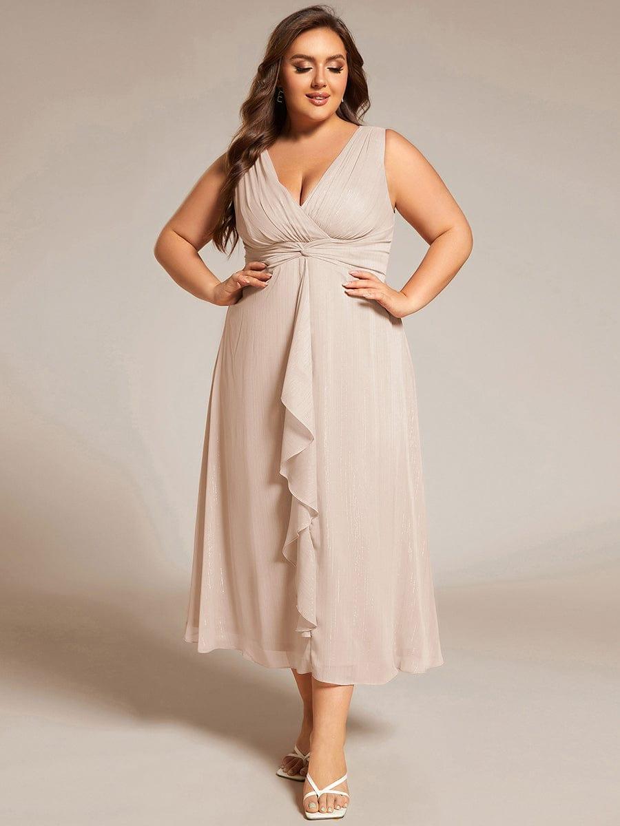 Plus Size Sleeveless Glittery Ruffled V-Neck Midi Wedding Guest Dress #color_Champagne