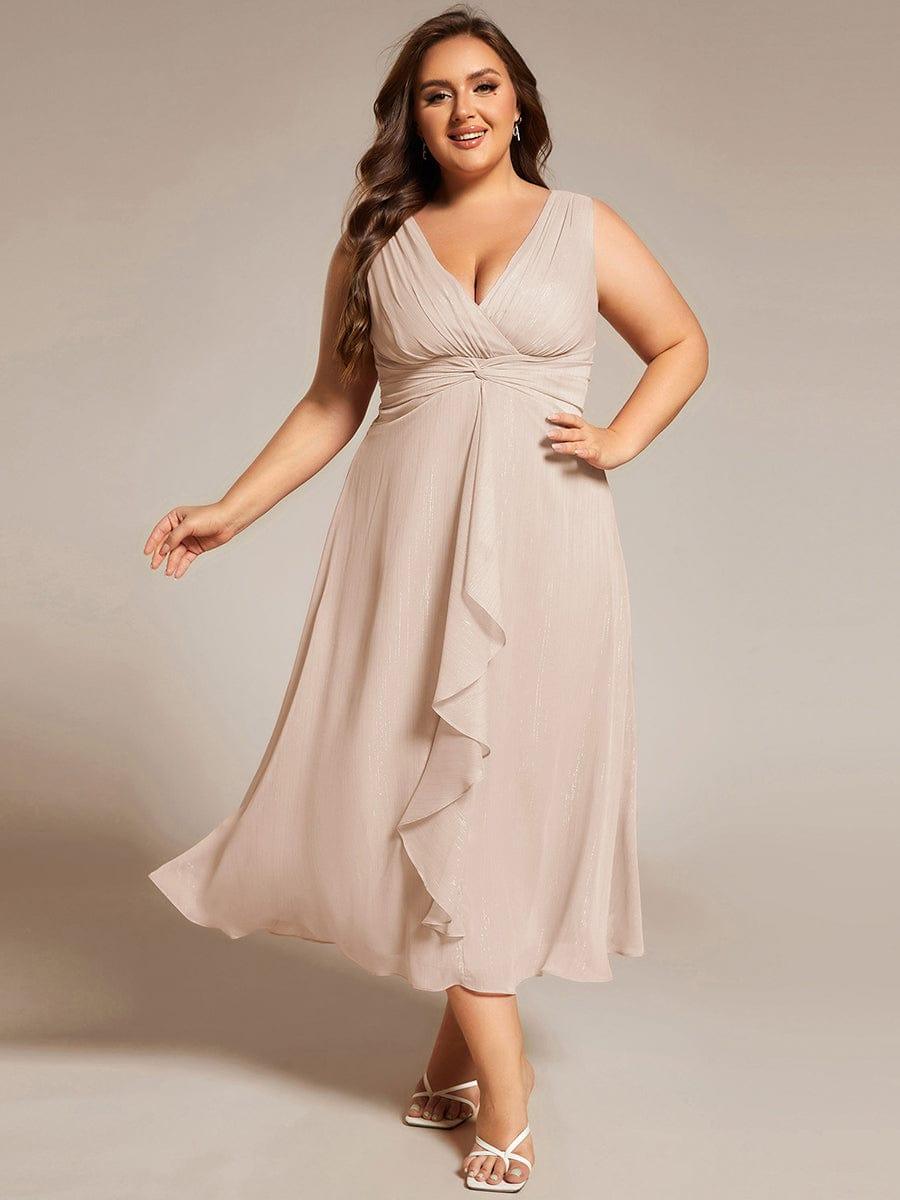 Plus Size Sleeveless Glittery Ruffled V-Neck Midi Wedding Guest Dress #color_Champagne