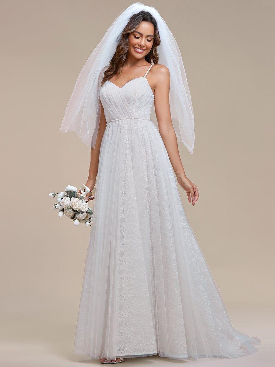 Spaghetti Strap Waist Pearl Sweetheart Collar Tulle Wedding Dress with Lace #color_Ivory Spaghetti Strap Waist Pearl Sweetheart Collar Tulle Wedding Dress with Lace