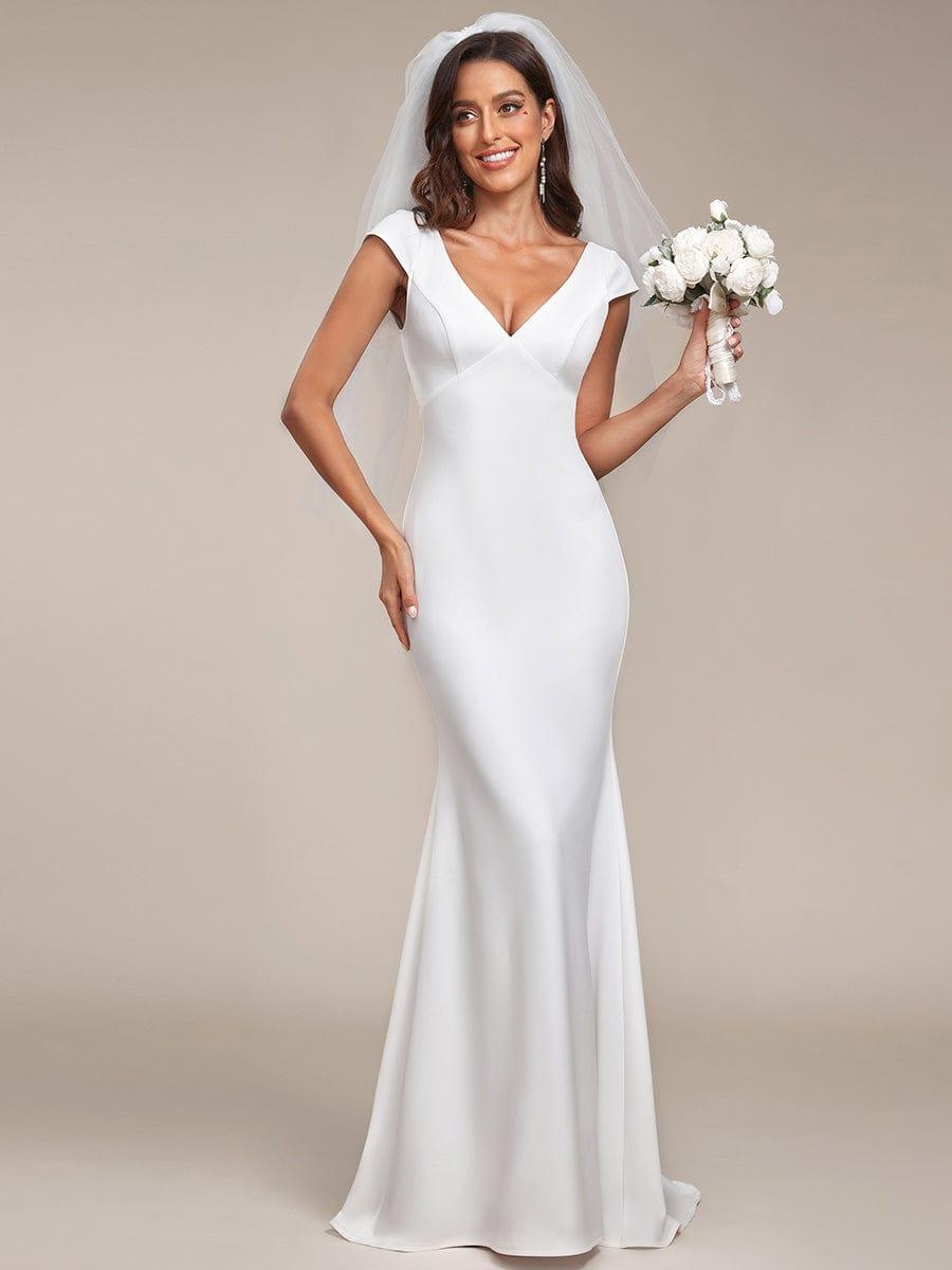 Cap Sleeve Deep V-Neck Backless Fishtail Wedding Dress #color_White Cap Sleeve Deep V-Neck Backless Fishtail Wedding Dress