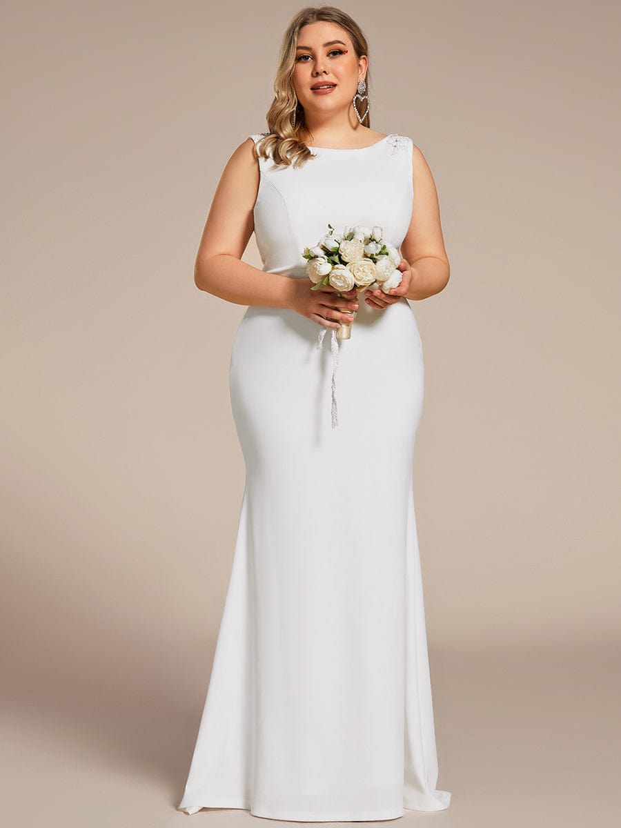 Plus Size Sleeveless Round Neck Bodycon Fishtail Wedding Dress #color_White Plus Size Sleeveless Round Neck Bodycon Fishtail Wedding Dress
