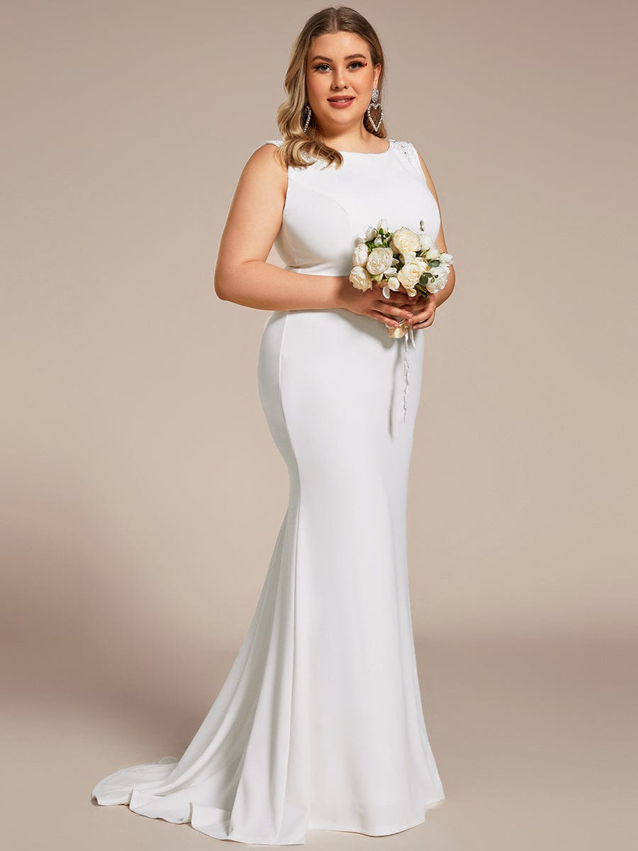 Plus Size Sleeveless Round Neck Bodycon Fishtail Wedding Dress #color_White Plus Size Sleeveless Round Neck Bodycon Fishtail Wedding Dress