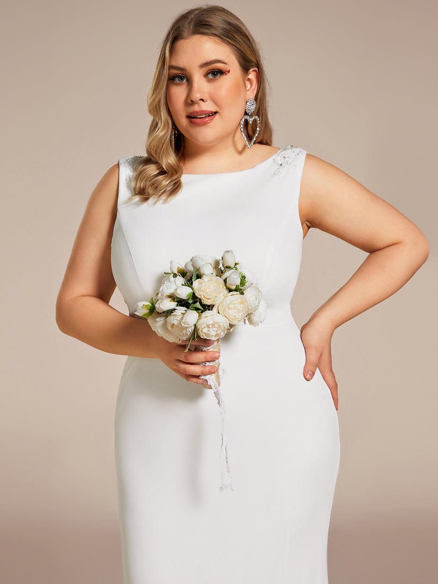 Plus Size Sleeveless Round Neck Bodycon Fishtail Wedding Dress #color_White Plus Size Sleeveless Round Neck Bodycon Fishtail Wedding Dress