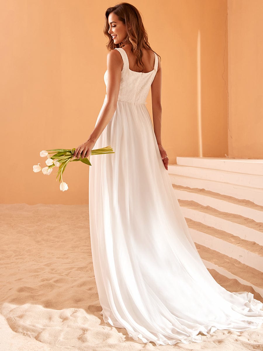 Minimalist Square Neckline High Slit Wedding Dress with Lace Applique #color_White Minimalist Square Neckline High Slit Wedding Dress with Lace Applique