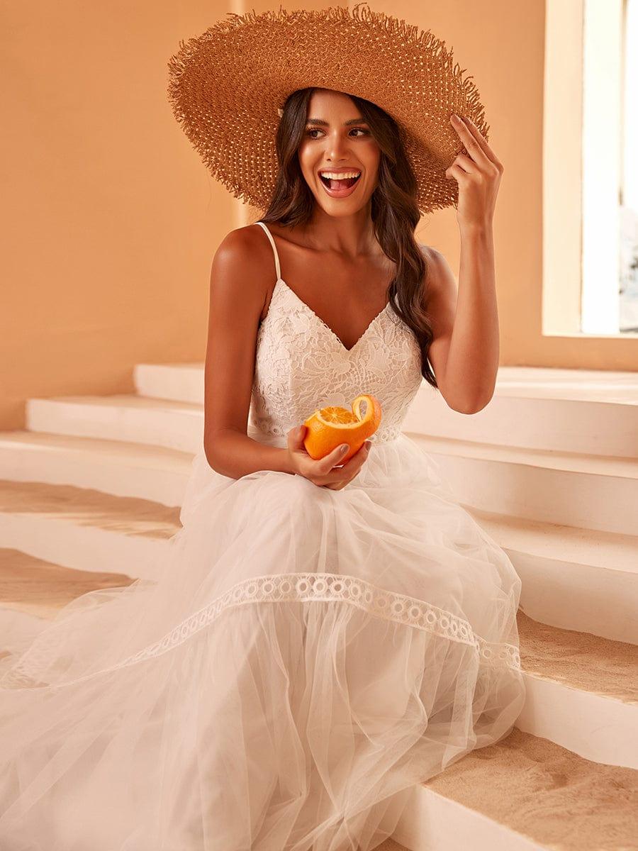 Spaghetti Strap Lace Embroidery A-Line Tulle Romantic Wedding Dress #color_White Spaghetti Strap Lace Embroidery A-Line Tulle Romantic Wedding Dress