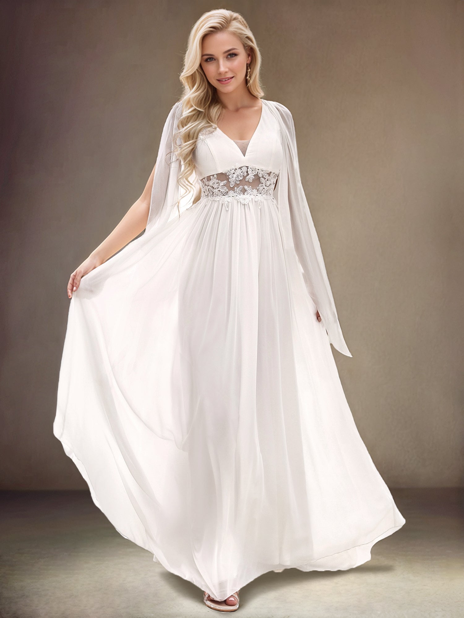 Illusion Lace V-Neck Cape Sleeves A-Line Wedding Dress #color_Cream