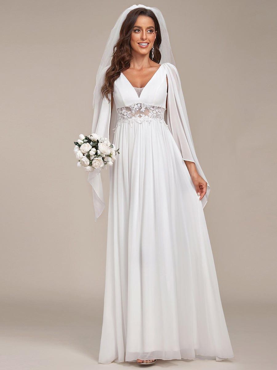 Illusion Lace V-Neck Cape Sleeves A-Line Wedding Dress #color_Cream Custom Size Cape Sleeves Lace Floral V-Neck Maxi Wedding Dress