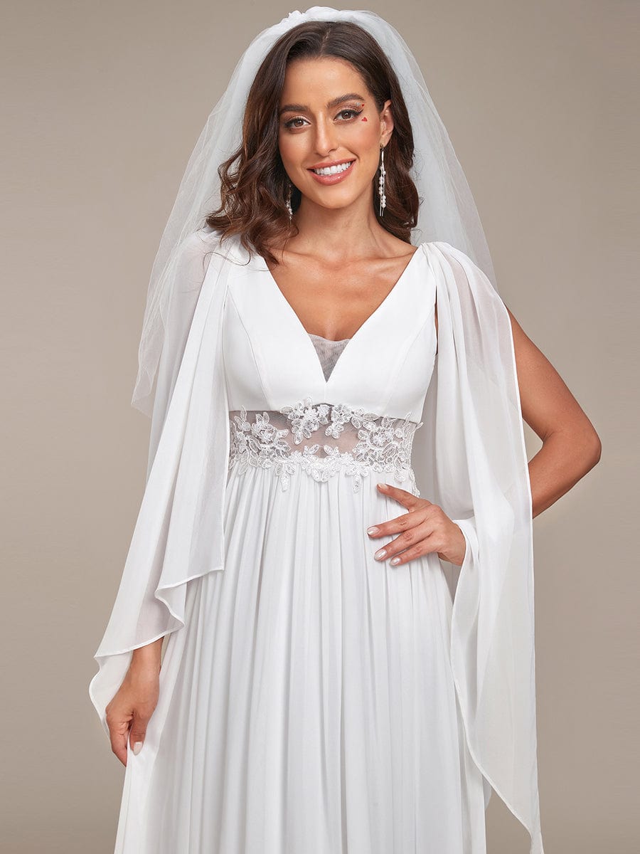 Custom Size Cape Sleeves Lace Floral V-Neck Maxi Wedding Dress