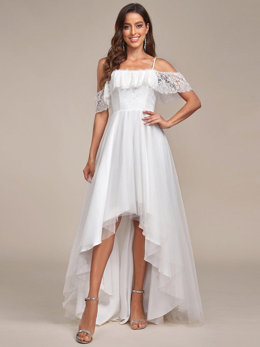 Custom Size Spaghetti Strap Lace High-Low Wedding Dress #color_Cream Custom Size Spaghetti Strap Lace High-Low Wedding Dress